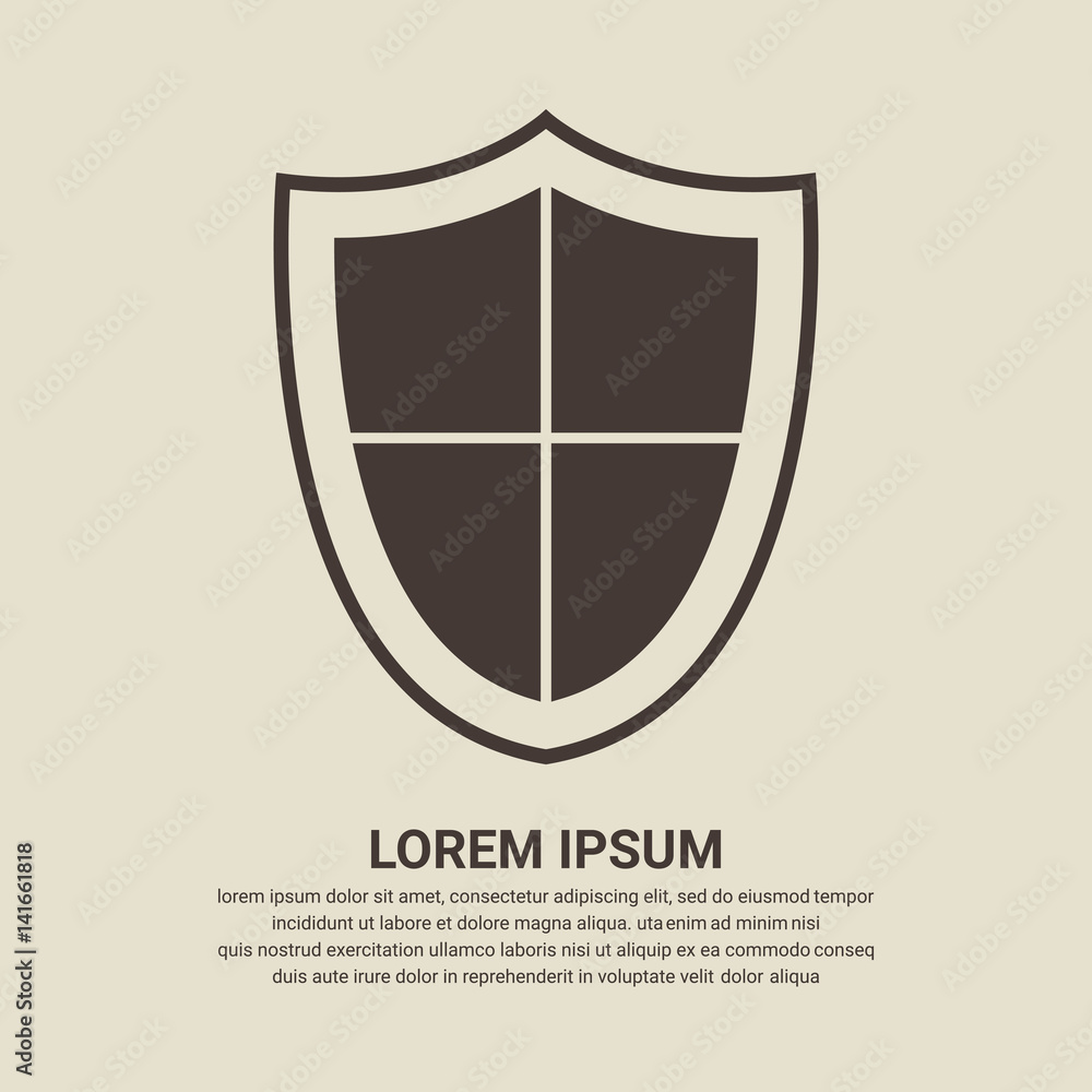 Shield icon on brown background, Flat design style. Vector illustration ...