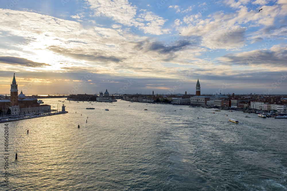 Venetian aerial view from the cruise ship which leaves the port of Venice (Venezia Terminal Passegeri Porto). Italy.