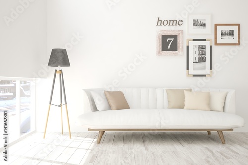 White modern room with sofa. Scandinavian interior design. 3D illustration