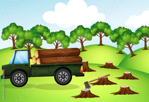 Deforestation scene with truck loaded with logs