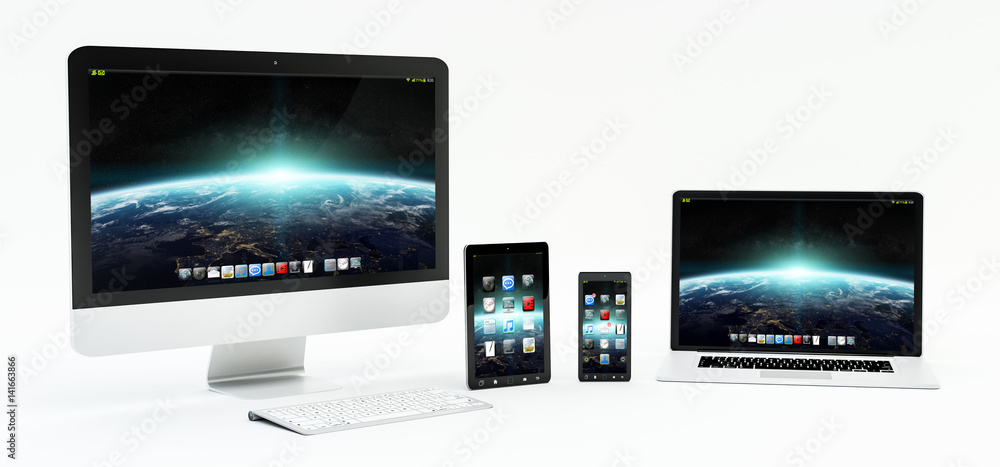 Modern white desk interior with computer and devices 3D rendering Modern white desk interior with computer and devices 3D rendering