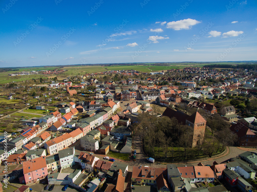 aerial view of a old small town with church in germany