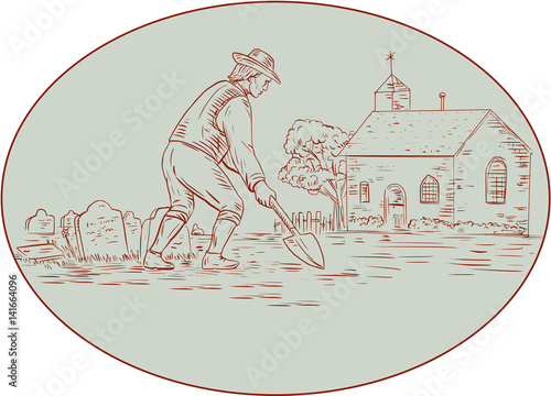 Medieval Grave Digger Shovel Oval Drawing
