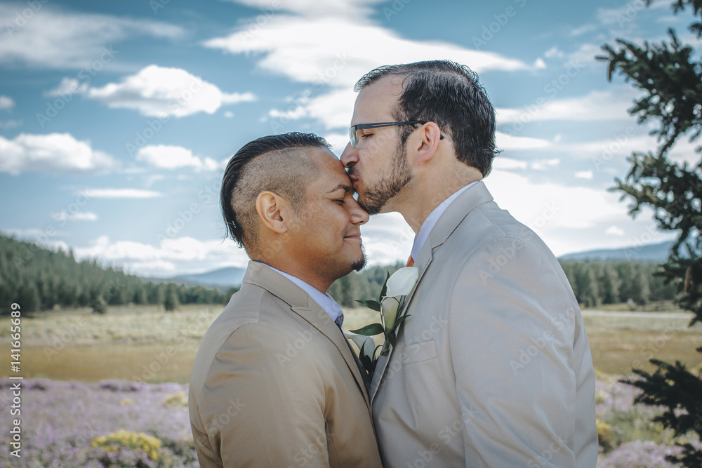Man kissing boyfriend on forehead while standing against cloudy sky Man kissing boyfriend on forehead while standing against cloudy sky