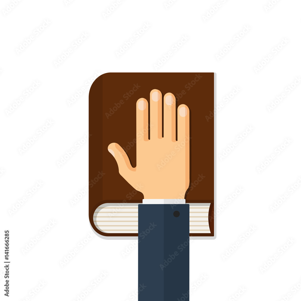 Human hand on the bible. Oath concept. Flat style vector illustration isolated on white background. Human hand on the bible. Oath concept. Flat style vector illustration isolated on white background.
