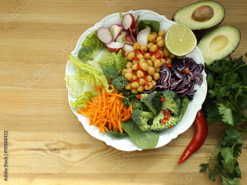 Bowl of Buddha. The concept of healthy vegetarian food. Fresh raw vegetables and boiled chickpeas. photo