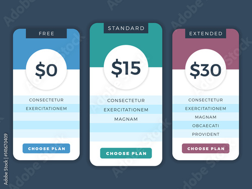 Contemporary pricing business plans, data table vector template for web and applications