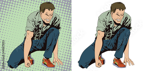 Man tries to get up from his knees. Stock illustration. People in retro style.