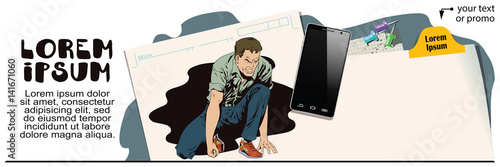 Man tries to get up from his knees. Stock illustration. People in retro style.