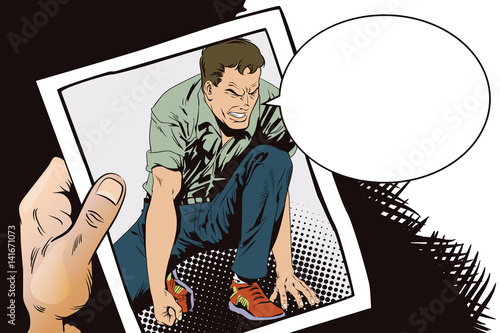 Man tries to get up from his knees. Stock illustration. People in retro style.