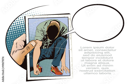 Man tries to get up from his knees. Stock illustration. People in retro style.