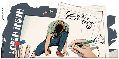 Man tries to get up from his knees. Stock illustration. People in retro style.