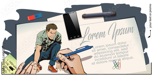 Man tries to get up from his knees. Stock illustration. People in retro style.