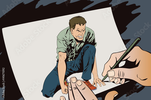 Man tries to get up from his knees. Stock illustration. People in retro style.