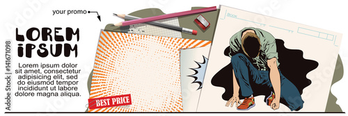 Man tries to get up from his knees. Stock illustration. People in retro style.