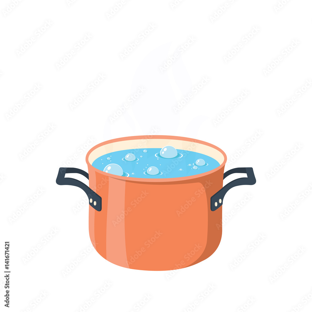 Boiling Water In Pan Red Cooking Pot On Stove With Water And Steam