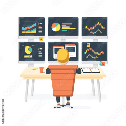 Stock market exchange trader working selling and buying equity sitting at desk with six displays