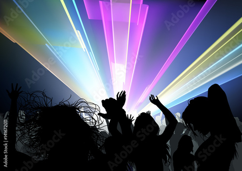 Dancing Crowd and Disco Light Show - Dance Party Background Illustration, Vector