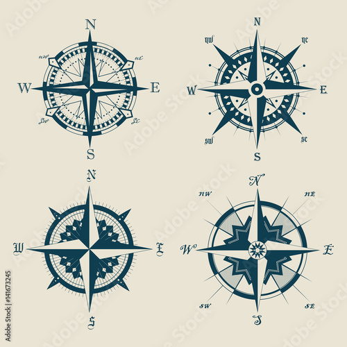 set of old or retro compass or wind rose