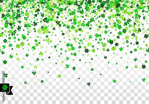 Seamless border background with four leaved greenery clover and shamrock for Saint Patrick's Day greeting isolated on white transparent background. Vector illustration