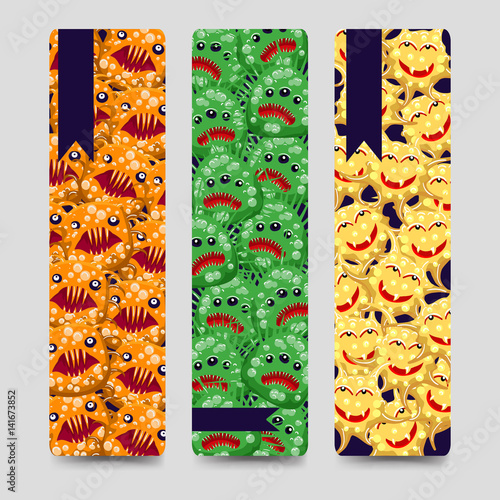 Bookmarks set with colorful emotional monsters or microbes. Vector illustration