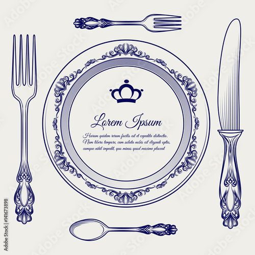 Dinner ready vector illustration with cutlery vintage set. Ball pen sketch of cutlery and royal plate frame