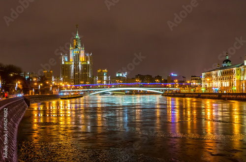 High-rise building on Kotelnicheskaya embankment at night. Moscow  Russia.