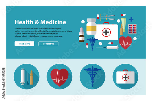 Flat design of web header template with medicine icons