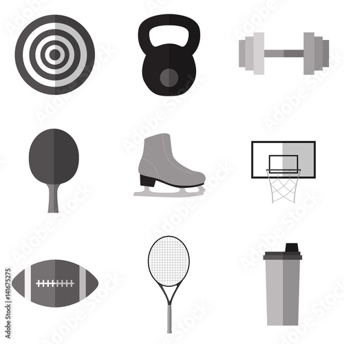 Set of simple monochrome sport equipment  flat icons on white ba