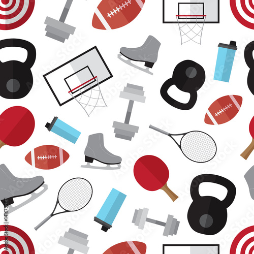 Set of simple sport equipment  flat icons on color squaresSeamle