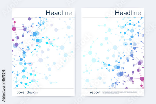 Scientific brochure design template. Vector flyer layout, Molecular structure with connected lines and dots. Scientific pattern atom DNA with elements for magazine, leaflet, cover, poster design.