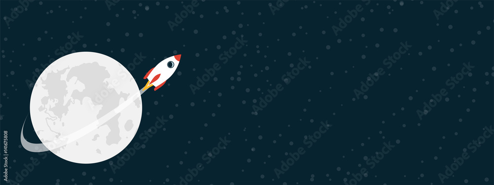 Rocket flying around the moon on starry sky. Vector illustartion with ...