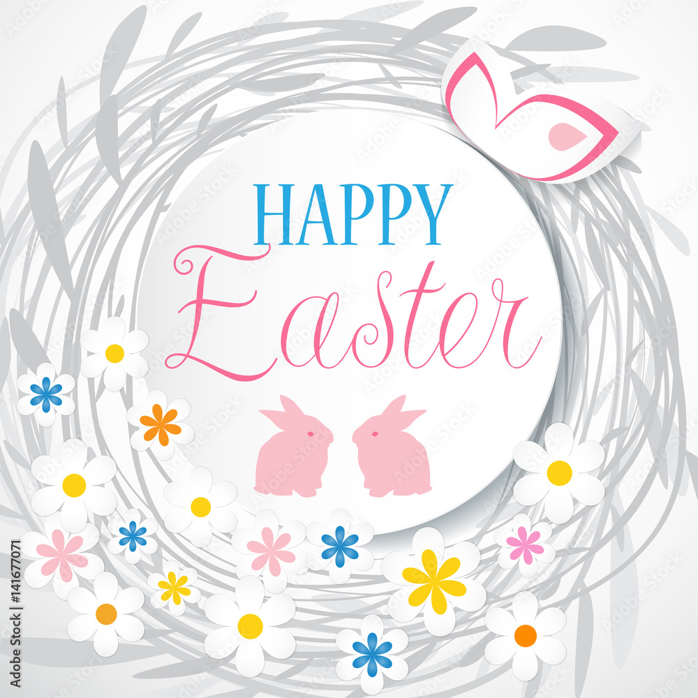Colorful Easter card with flowers and eggs.