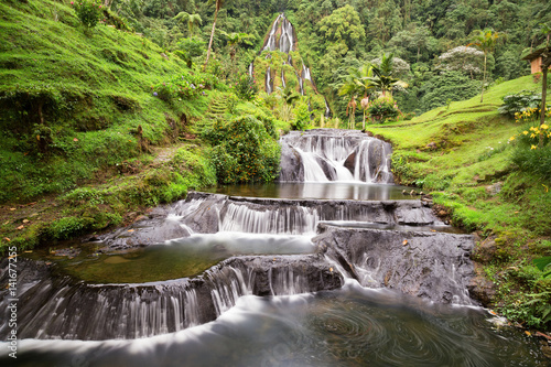 Long exposure view of the waterfall near the Santa Rosa Thermal Spa in Santa Rosa de Cabal in Colombia.