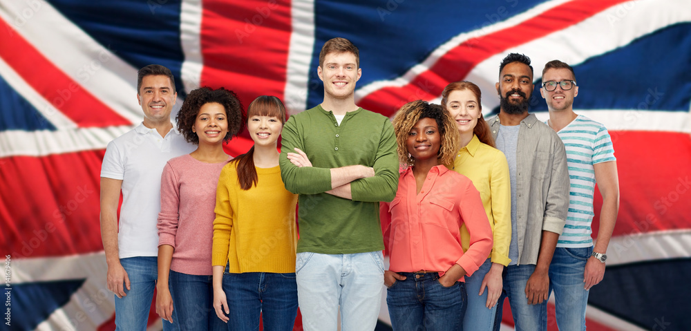 Obraz premium group of international people over english flag