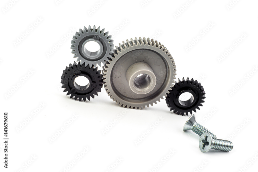 Machine gear, metal cogwheels. Isolated on white.