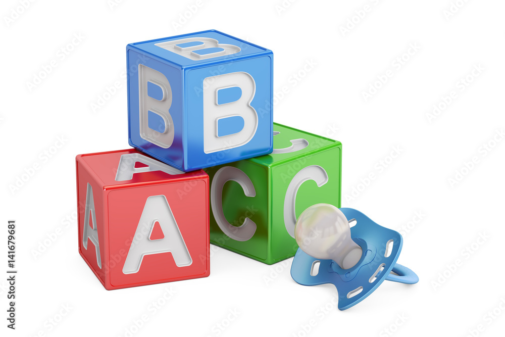 Education for baby concept, abc cubes with pacifier. 3D rendering Education for baby concept, abc cubes with pacifier. 3D rendering