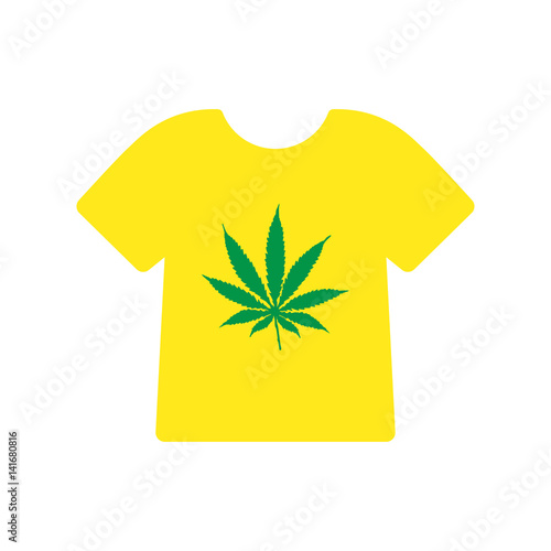 Icono plano camiseta amarilla con hoja marihuana verde en fondo blanco
