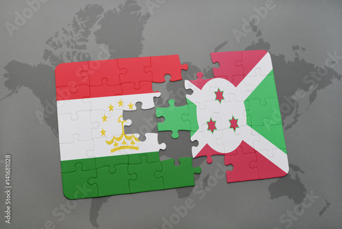 puzzle with the national flag of tajikistan and burundi on a world map