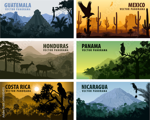 vector set of panorams countries Central America - Guatemala, Mexico, Honduras, Nicaragua, Panama, Costa Rica photo
