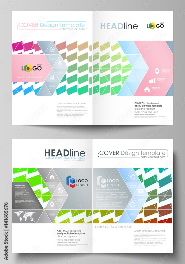 Business templates for bi fold brochure, flyer, booklet, report. Cover design template, vector layout in A4 size. Colorful rectangles, moving dynamic shapes forming abstract polygonal style background