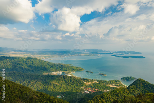 Panoramic view of blue sky, sea and mountain seen from Cable Car viewpoint, Langkawi, Malaysia. Picturesque landscape with beaches, small Islands and tourist ships at waters of Strait of Malacca © sonatalitravel