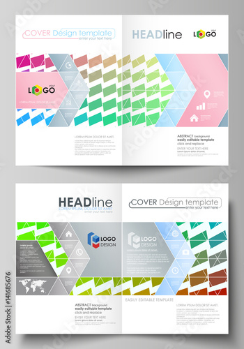 Business templates for bi fold brochure, flyer, booklet, report. Cover design template, vector layout in A4 size. Colorful rectangles, moving dynamic shapes forming abstract polygonal style background
