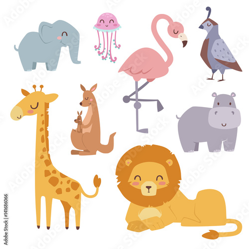 Cute zoo cartoon animals isolated funny wildlife learn cute language and tropical nature safari mammal jungle tall characters vector illustration.