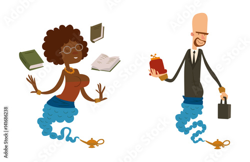 Cartoon genie character magic lamp vector illustration treasure aladdin miracle djinn coming out isolated legend set wish magical wizard desire