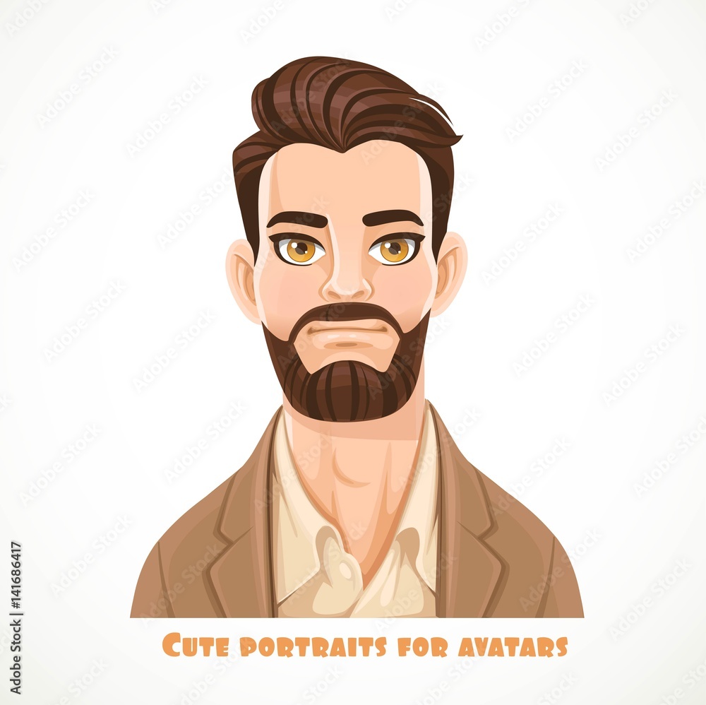 Cute dark haired bearded men portrait for avatar isolated on a white background Cute dark haired bearded men portrait for avatar isolated on a white background
