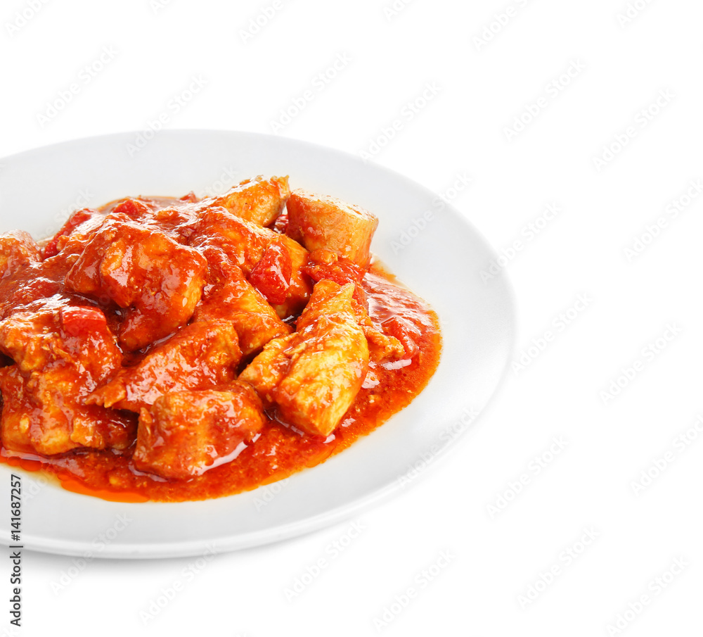Plate with delicious chicken tikka masala isolated on white Plate with delicious chicken tikka masala isolated on white