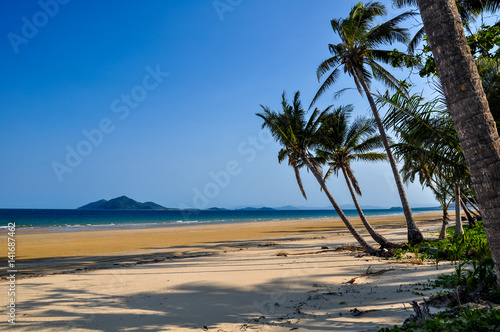 Stunning view of the beach in Mission Beach, Cassowary Coast Region, Queensland, Australia. White sand beach, crystal clear water and palm trees along the beach. Dunk Island can be seen in background.