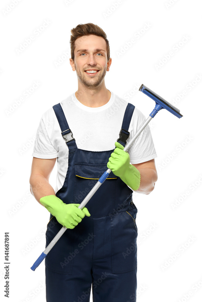 Young window cleaner on white background Young window cleaner on white background