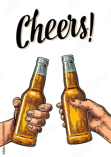 Female and male hands holding and clinking with two glasses beer and mulled wine.